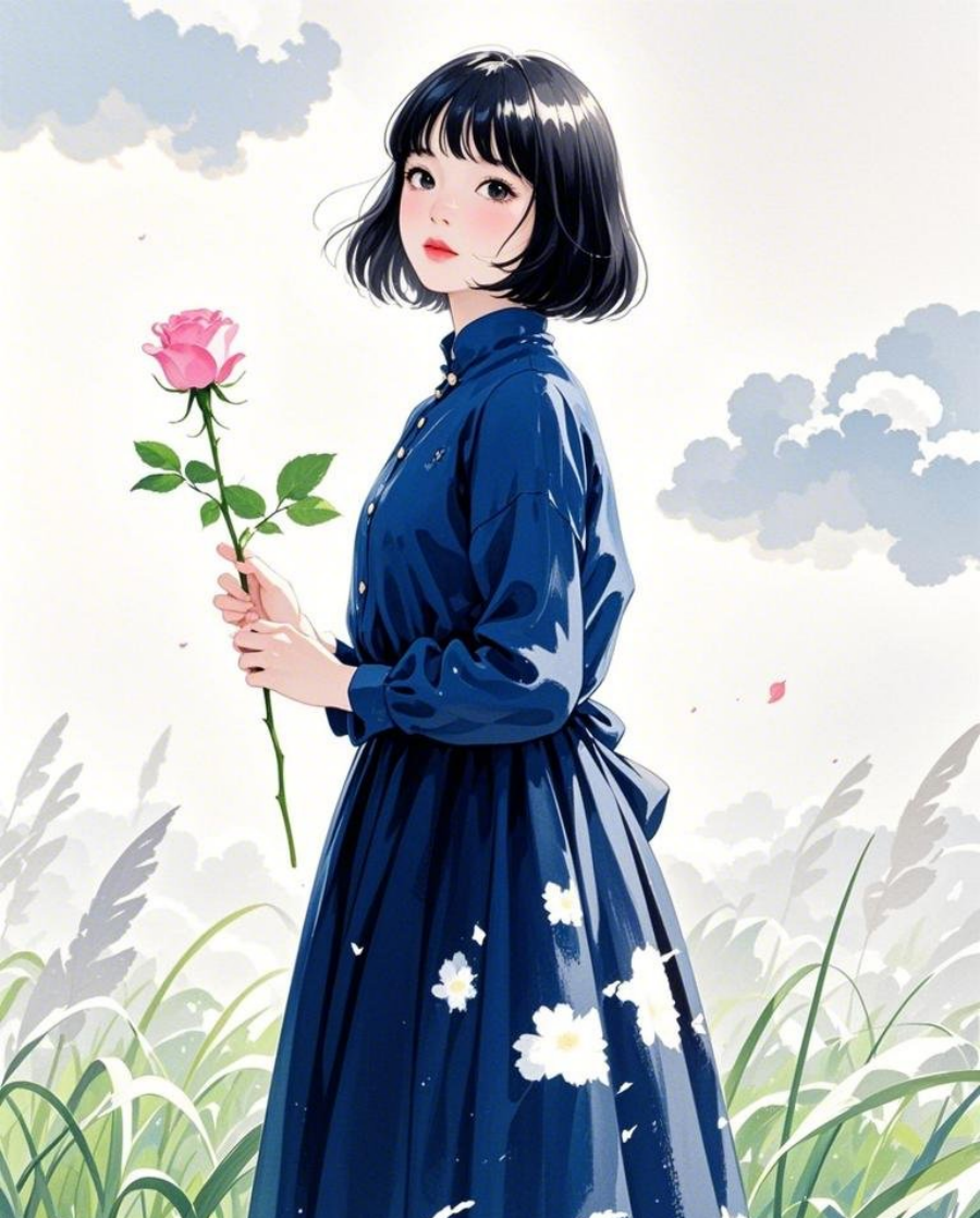 身穿墨蓝色棉麻长裙女孩有零散碎发站在素材