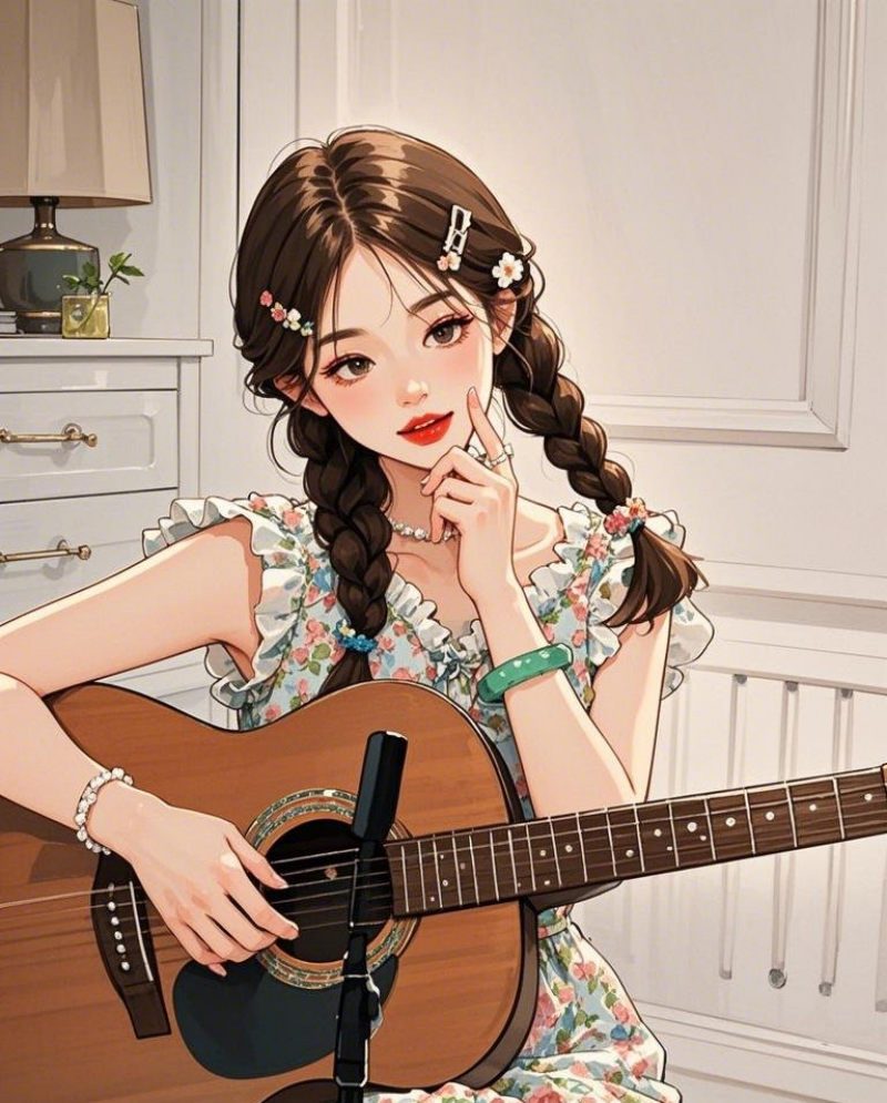 手绘作品韩漫格调女孩麻花辫垂肩花朵素材