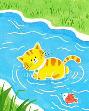 绘本插画卡通风格一只黄色小猫在小河素材下载-众图网