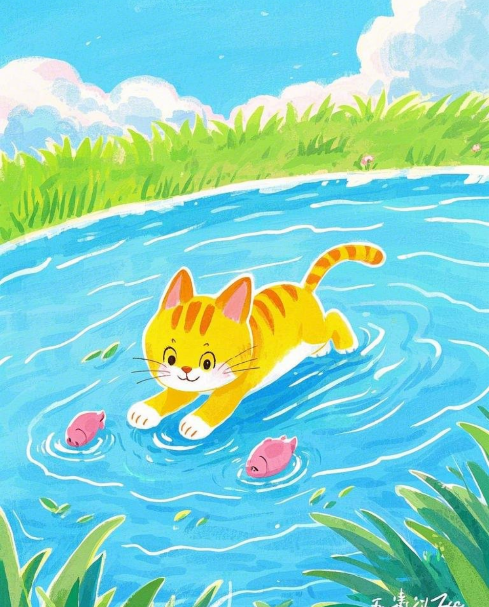 绘本插画卡通风格一只黄色小猫在小河素材下载-众图网