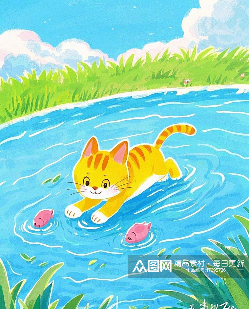 绘本插画卡通风格一只黄色小猫在小河素材下载-众图网
