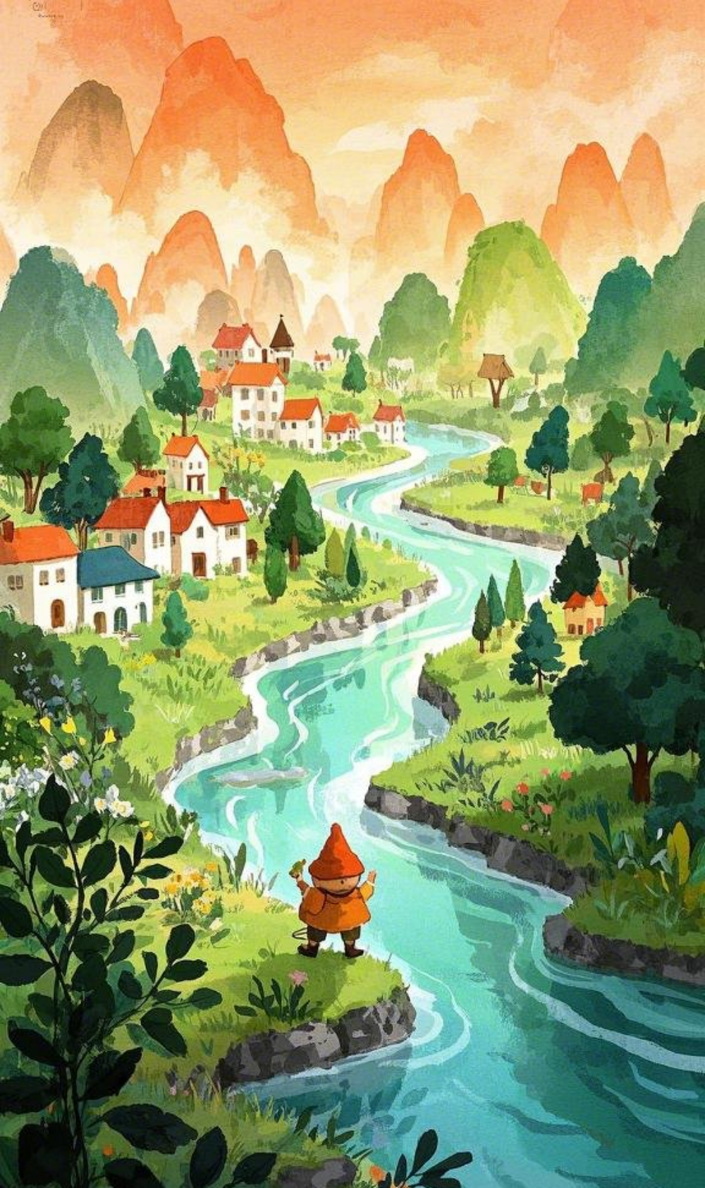 儿童插画风格水墨水彩微景观小人国的素材