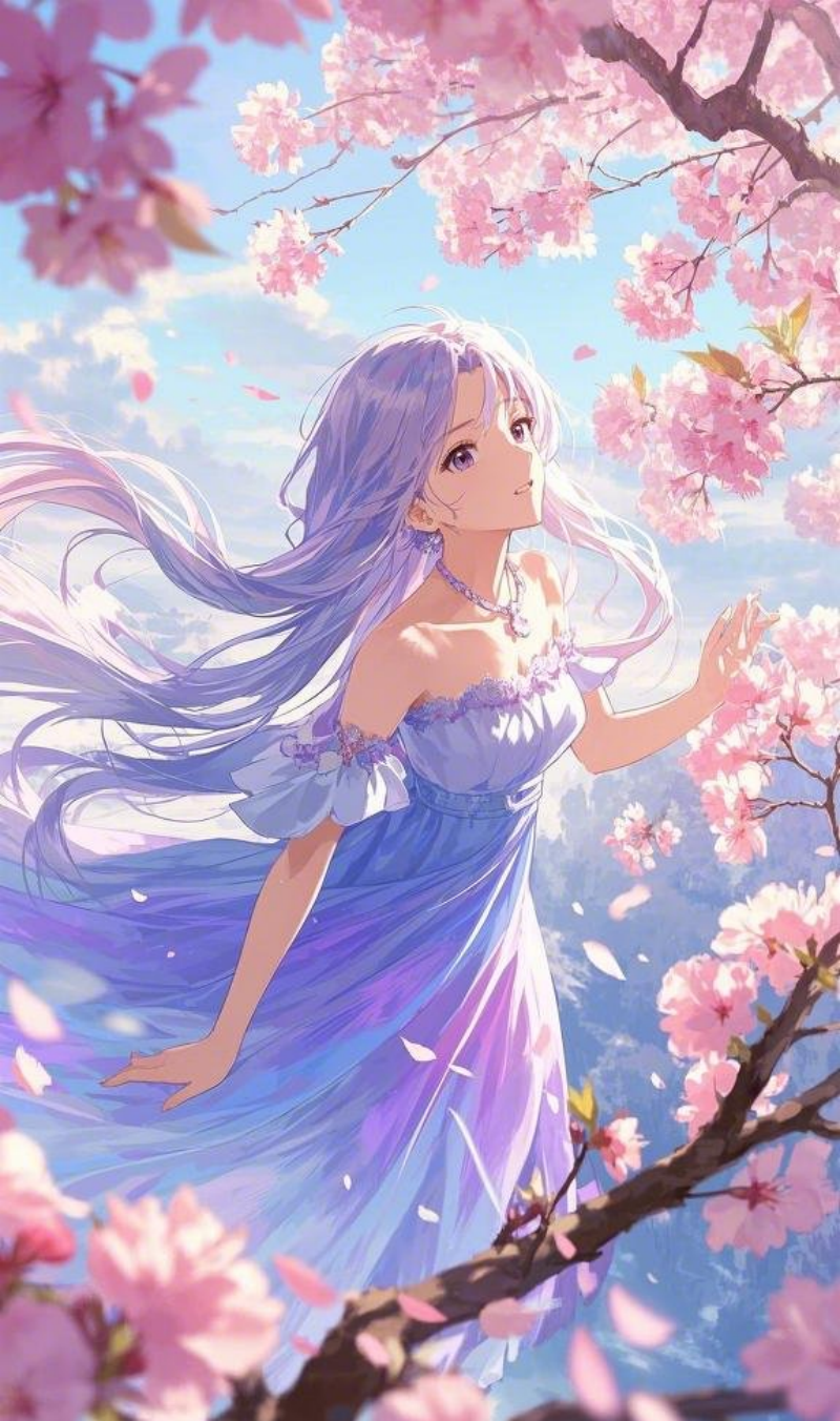 樱花树下的长发少女穿着渐变蓝紫色长裙二素材
