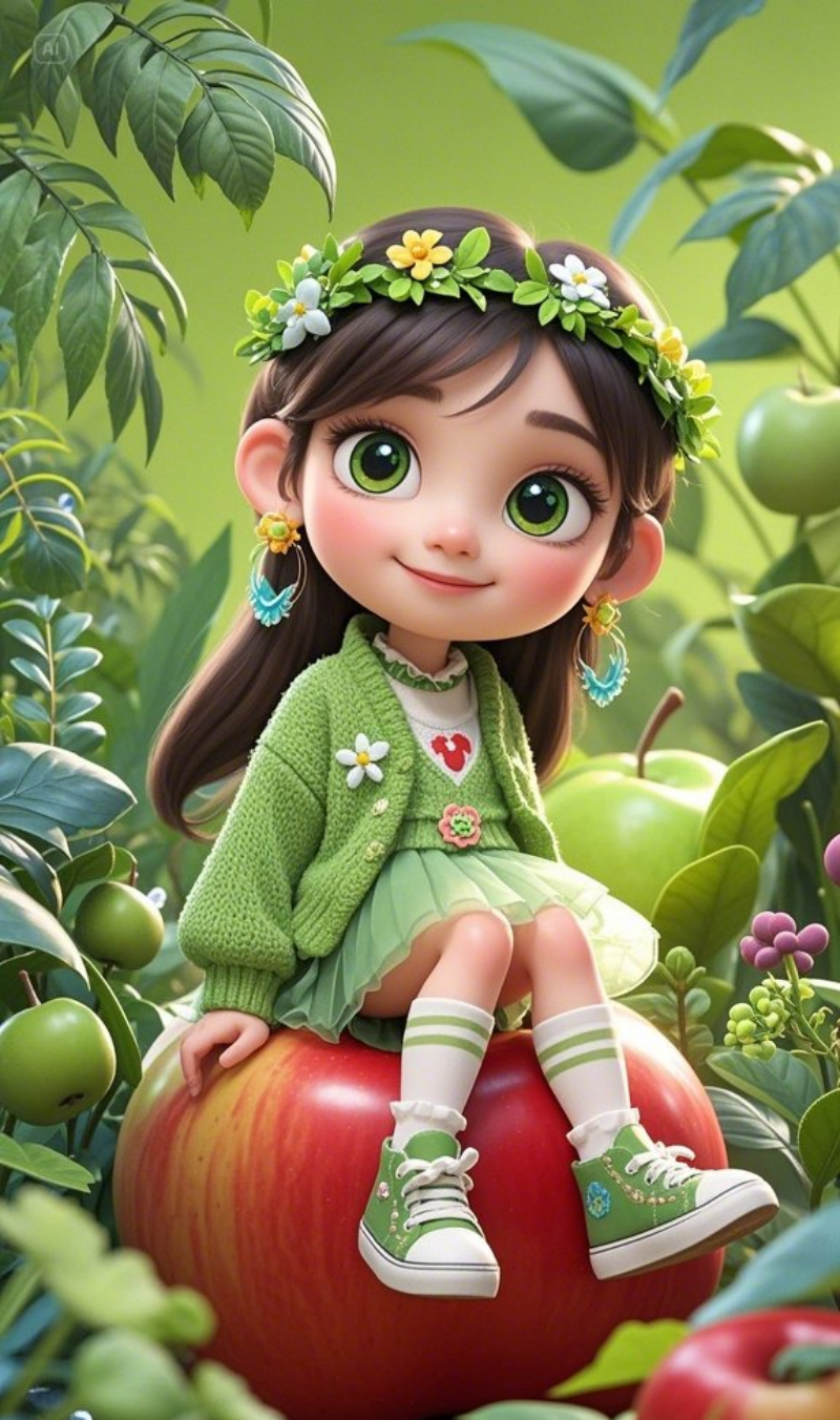 可爱的小女孩绿色主题3D卡通CG绘素材
