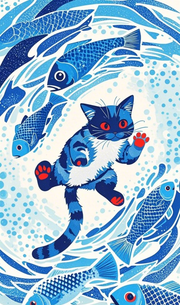 动态模糊表现Q版猫咪跃向鱼群瞬间素材