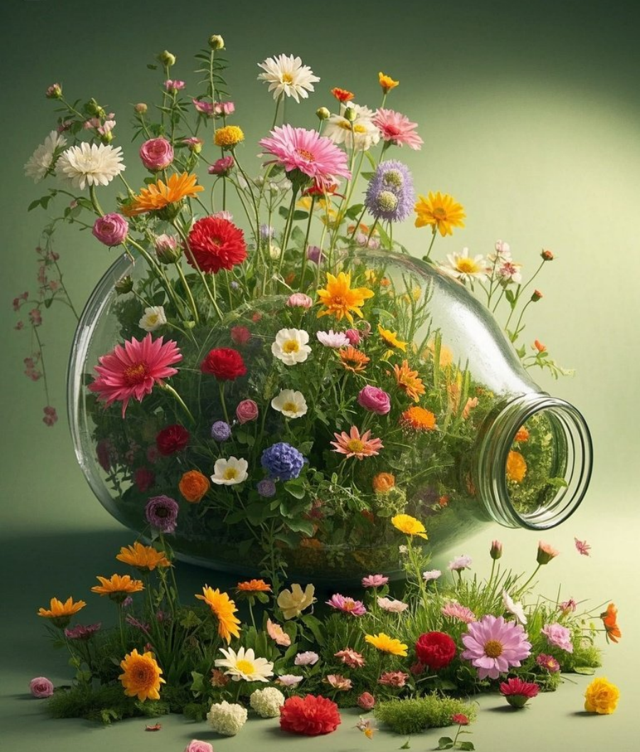 一个倾倒的瓶子里面的花园微观世界各色花朵素材