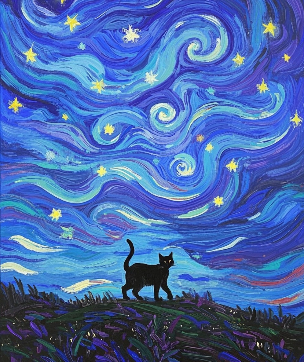 深蓝色星空点缀云彩一只黑猫奔向自由抽象油素材