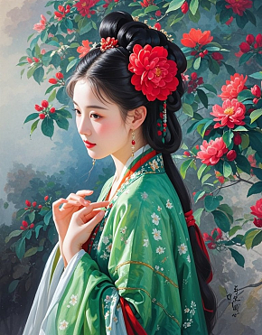 古代女子青春羞涩绿叶红花油画重彩水墨晕染素材下载-众图网