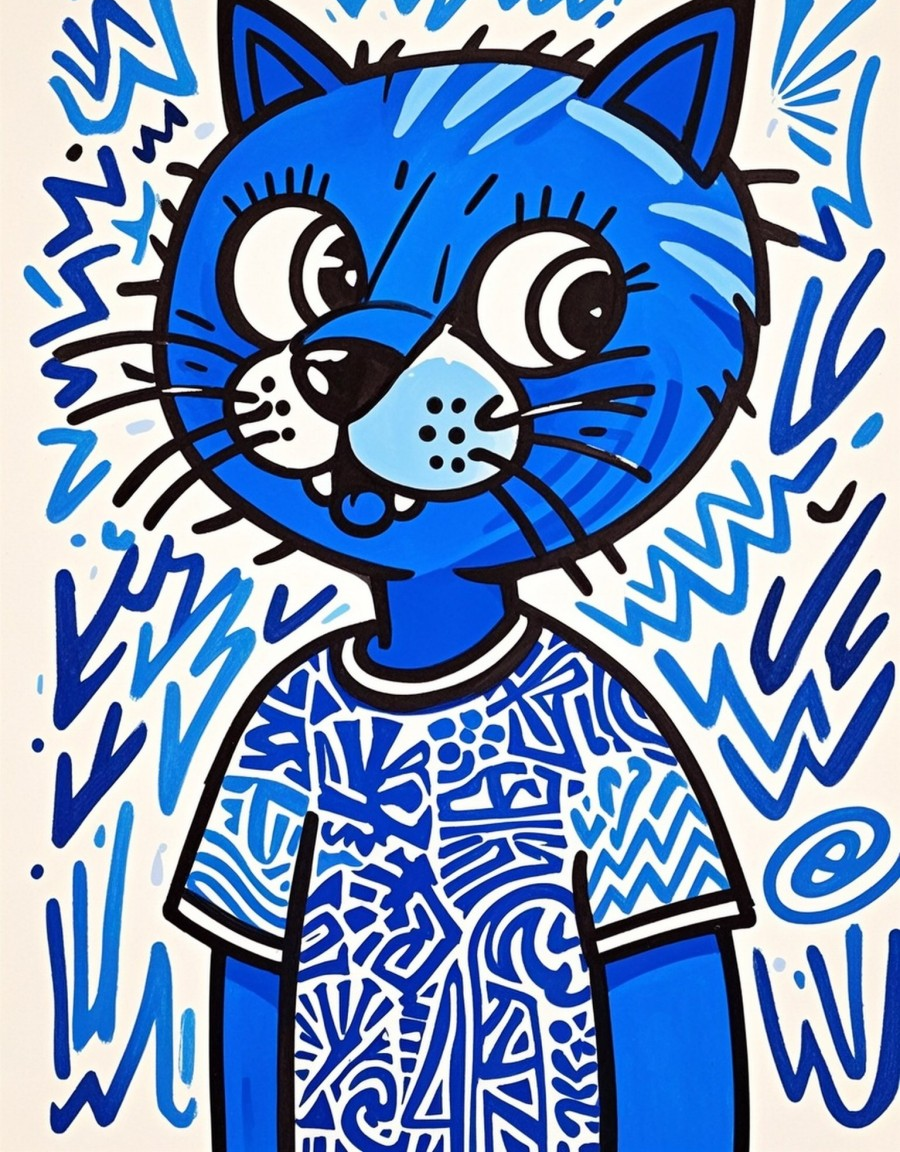 可爱的卡通猫脸穿着克莱因蓝短袖白色背景涂素材