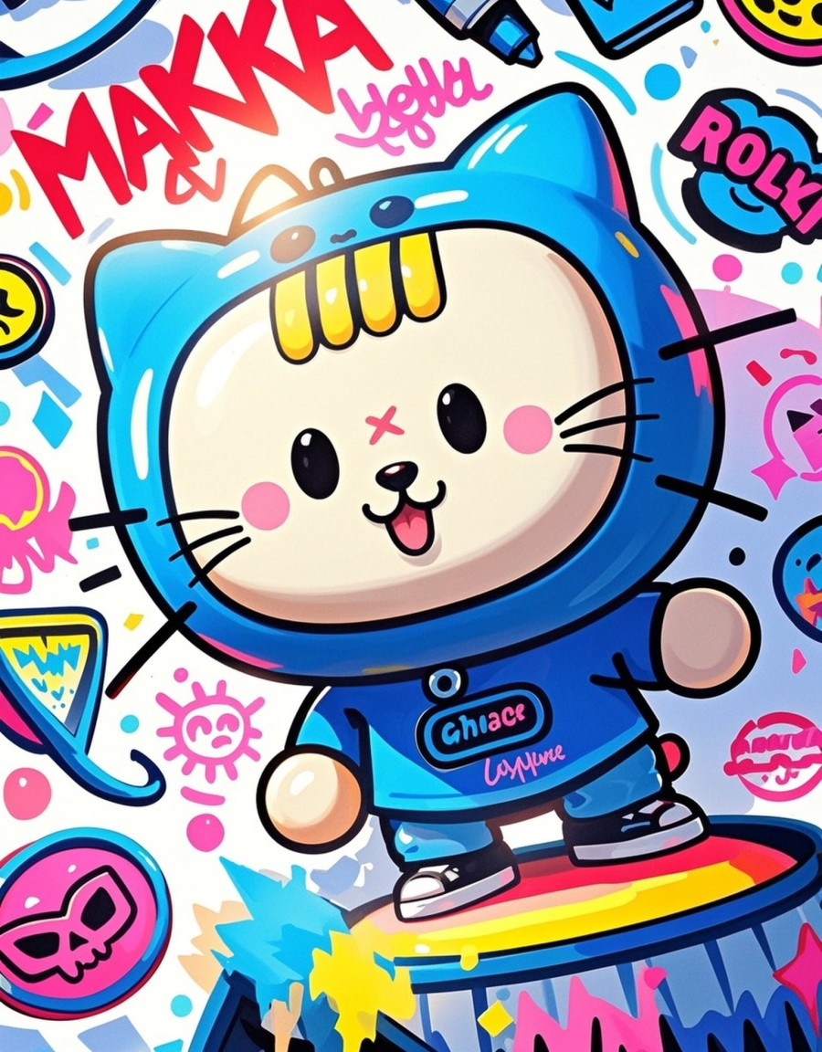 可爱的卡通猫脸穿着克莱因蓝短袖白色背景涂素材