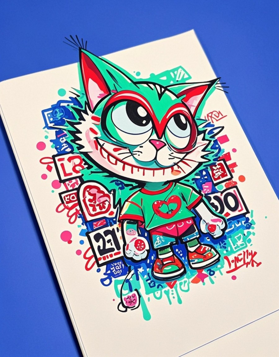 可爱的卡通猫脸穿着克莱因蓝短袖白色背景涂素材