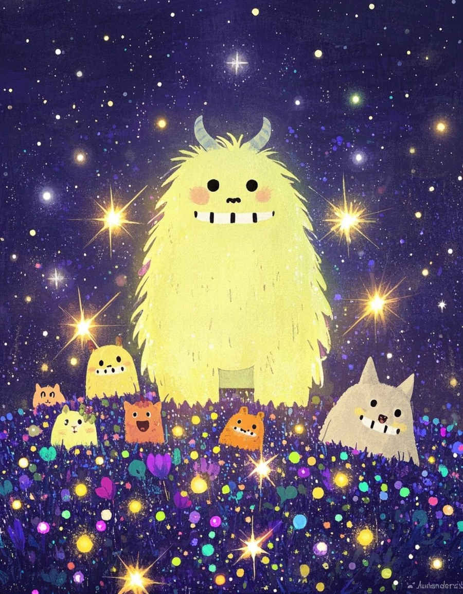 小怪兽各种造型卡通插画抽象画板亮片流光溢素材