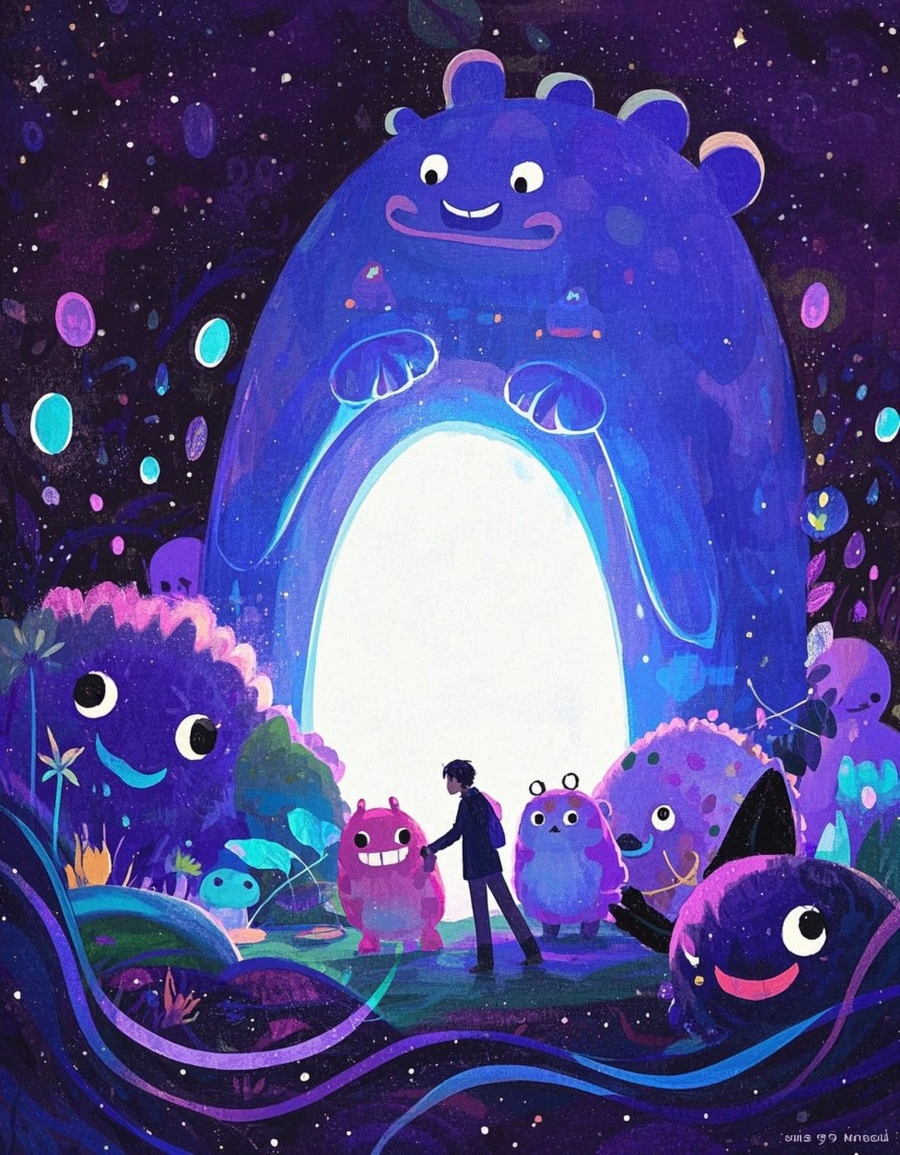 小怪兽各种造型卡通插画抽象画板亮片流光溢素材