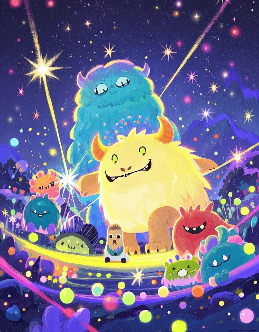 小怪兽各种造型卡通插画抽象画板亮片流光溢素材
