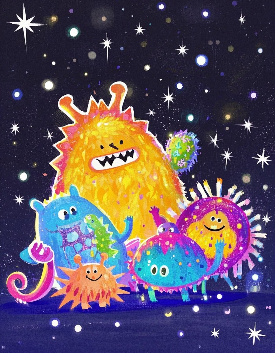 小怪兽各种造型卡通插画抽象画板亮片流光溢素材