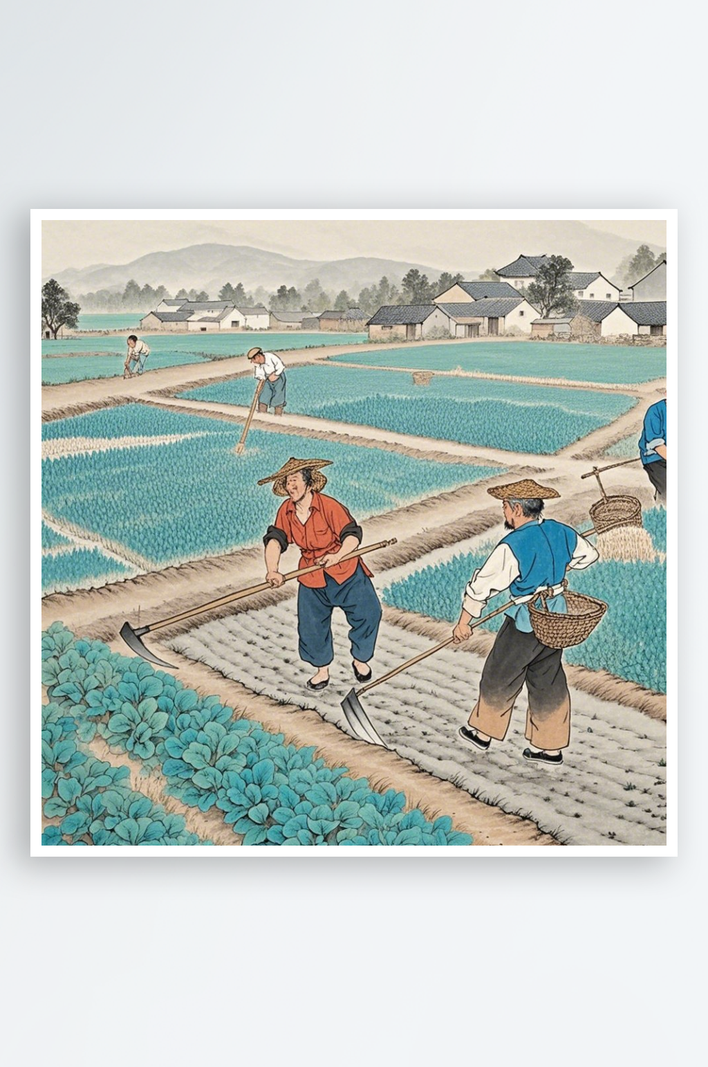 农民画种田插秧水稻素材