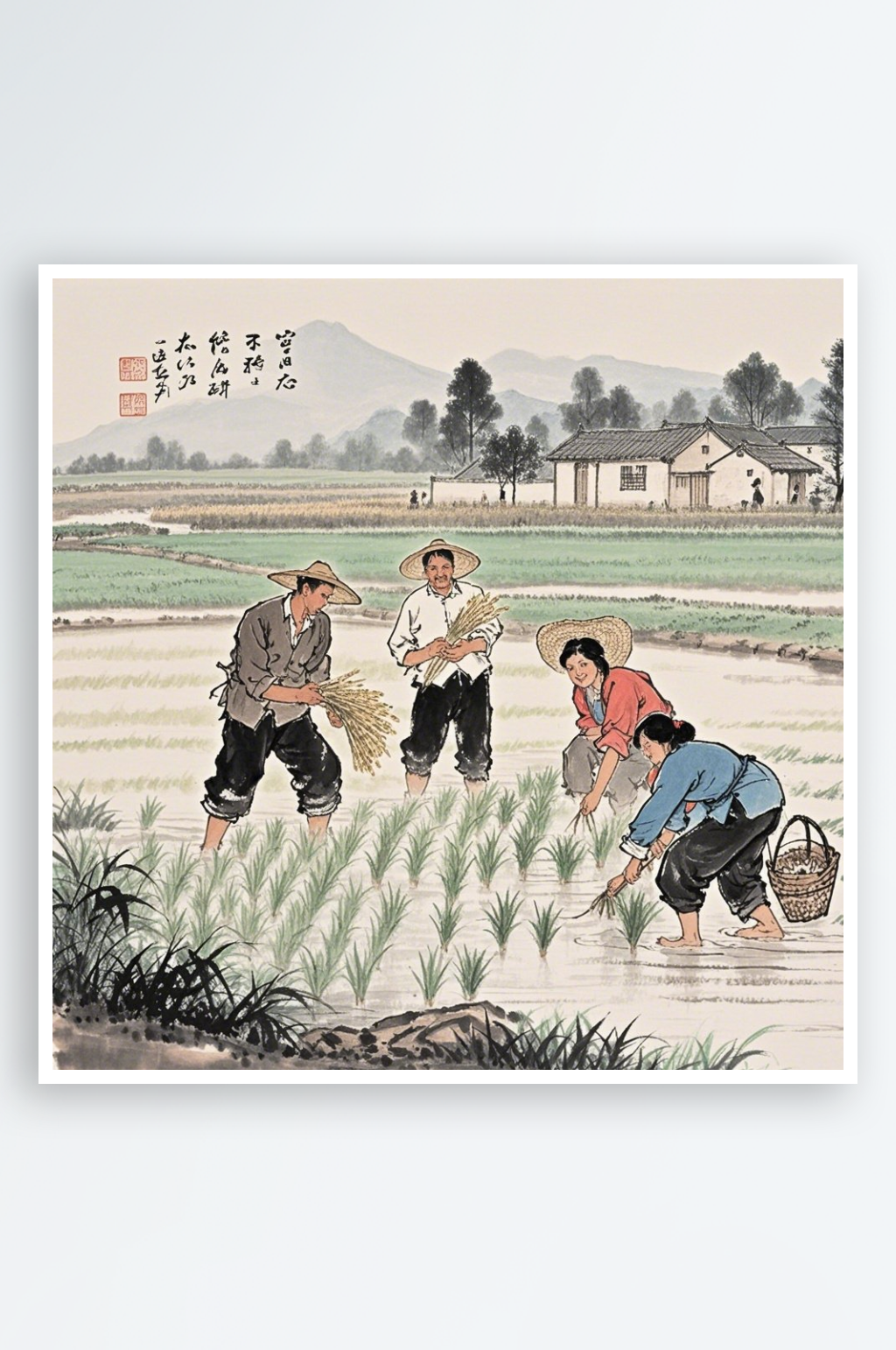 山水画种田插秧种植素材