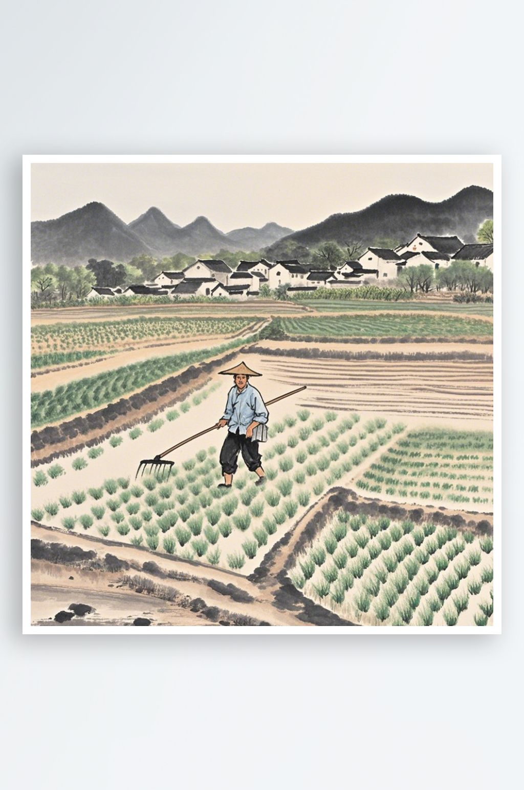 山水画种田插秧绿色素材