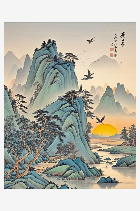 水墨风国风山水画工笔画风格浓浓重彩