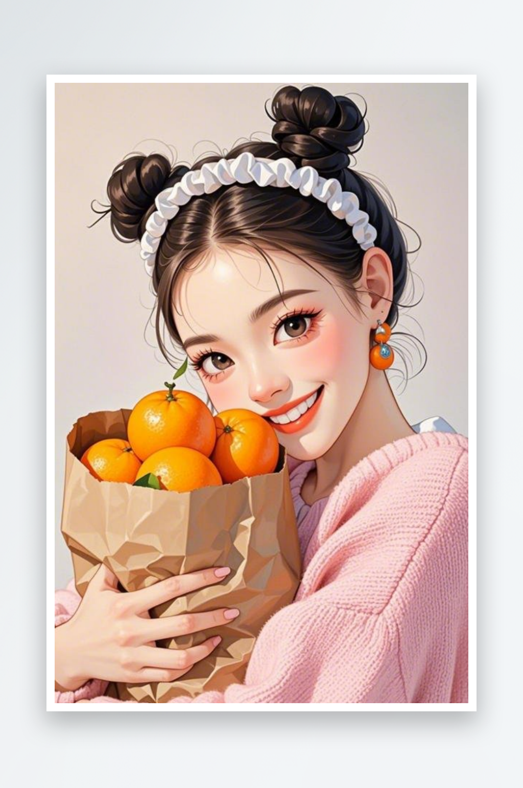 手绘插画一个丸子头的漂亮小姐姐穿着浅素材