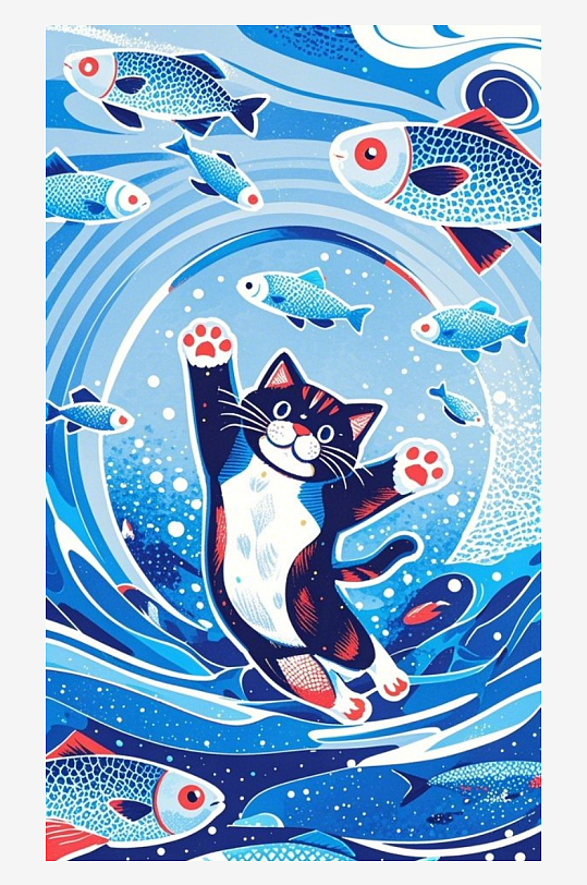 动态模糊表现Q版猫咪跃向鱼群瞬间