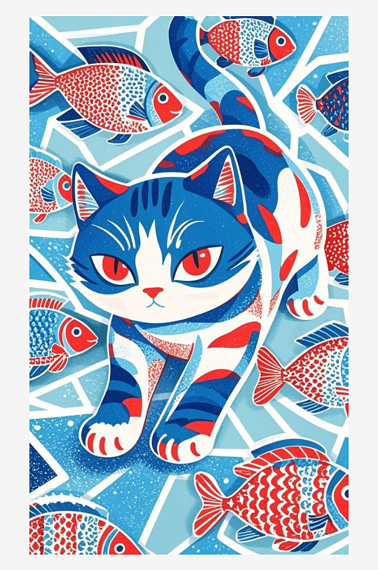 动态模糊表现Q版猫咪跃向鱼群瞬间