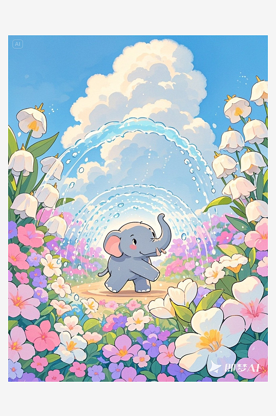 大象噴著水走在巨大的風(fēng)鈴花下水粉手繪插畫