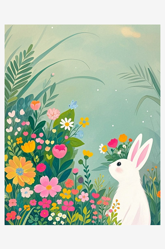 一只戴着花环的大白兔植物晕染插画油画绘本