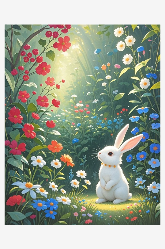 一只戴着花环的大白兔植物晕染插画油画绘本