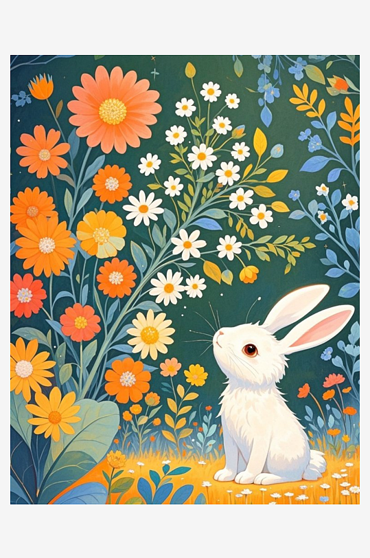 一只戴着花环的大白兔植物晕染插画油画绘本