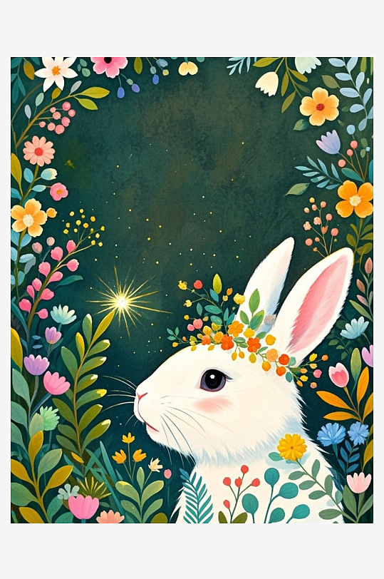 一只戴着花环的大白兔植物晕染插画油画绘本