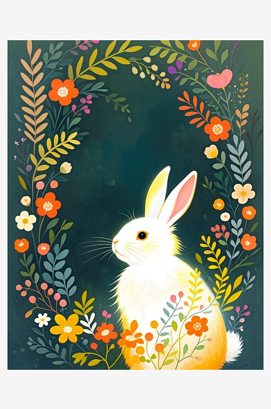 一只戴着花环的大白兔植物晕染插画油画绘本