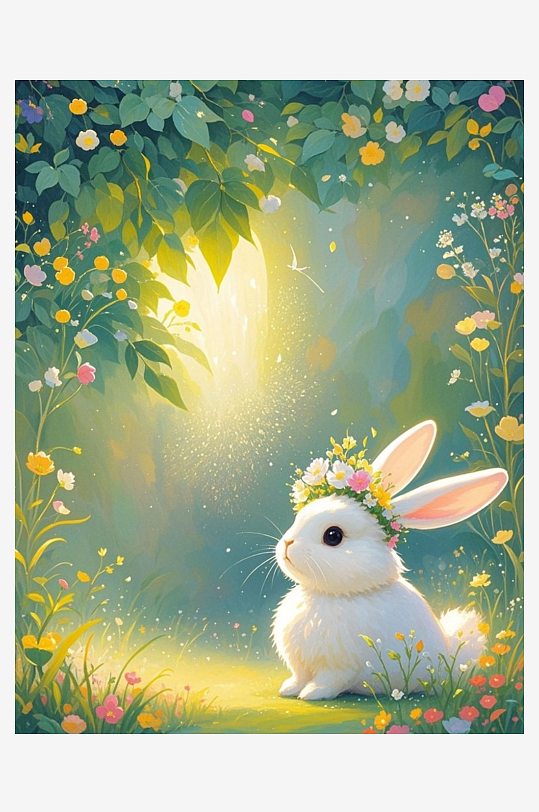一只戴着花环的大白兔植物晕染插画油画绘本