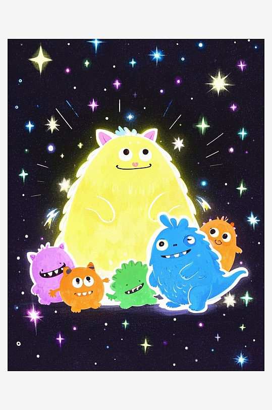 小怪兽各种造型卡通插画抽象画板亮片流光溢