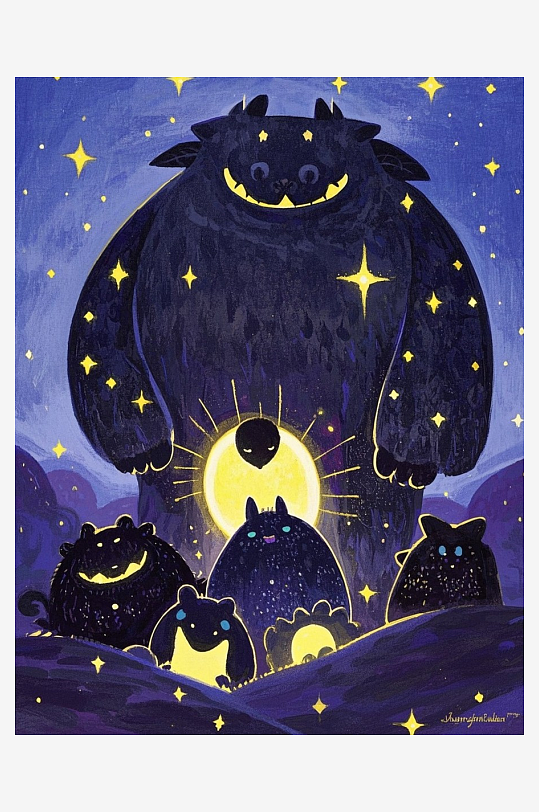 小怪兽各种造型卡通插画抽象画板亮片流光溢