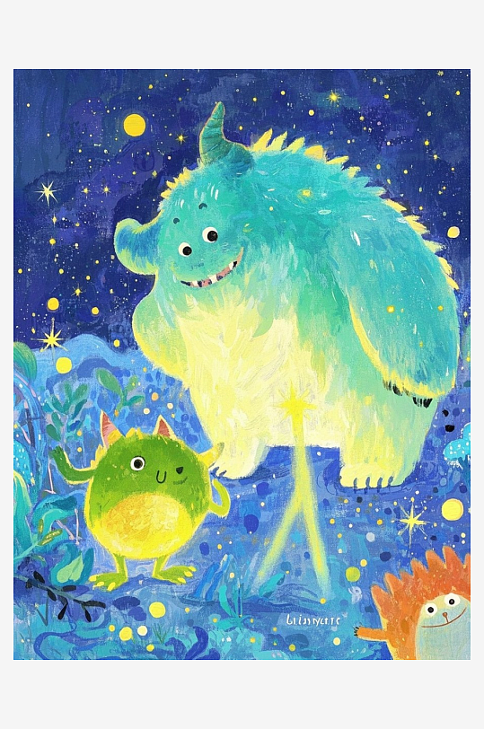 小怪兽各种造型卡通插画抽象画板亮片流光溢