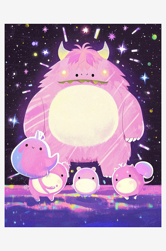 小怪兽各种造型卡通插画抽象画板亮片流光溢