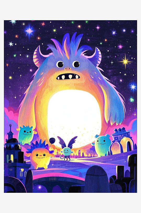 小怪兽各种造型卡通插画抽象画板亮片流光溢