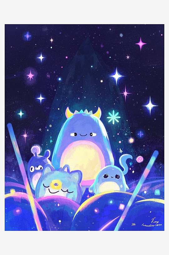 小怪兽各种造型卡通插画抽象画板亮片流光溢