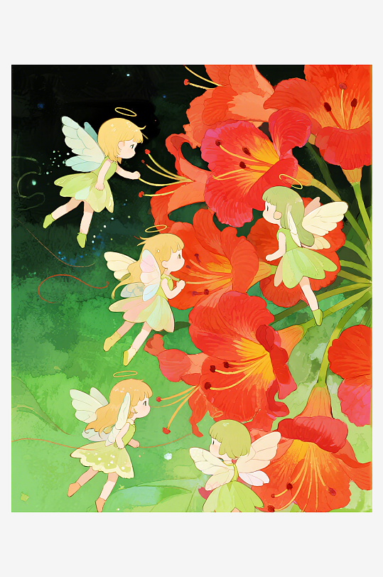 几只穿着小裙子的有翅膀的花仙子在花丛中飞-众图网