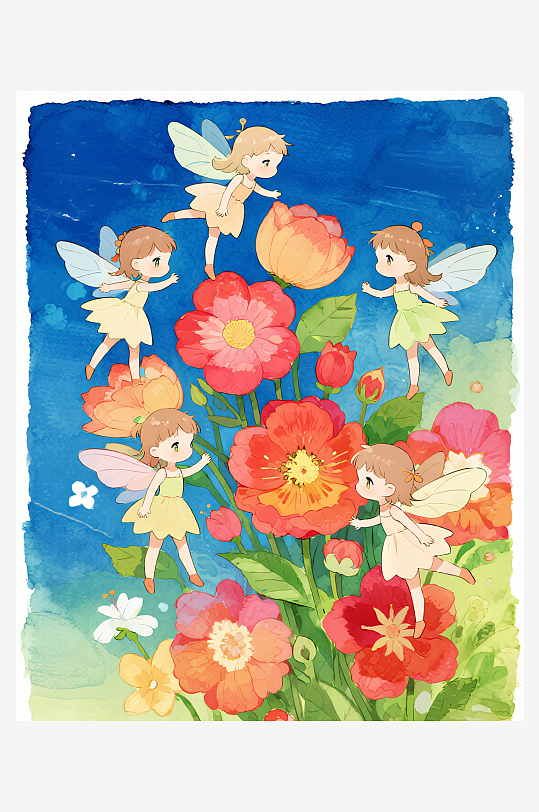 几只穿着小裙子的有翅膀的花仙子在花丛中飞-众图网