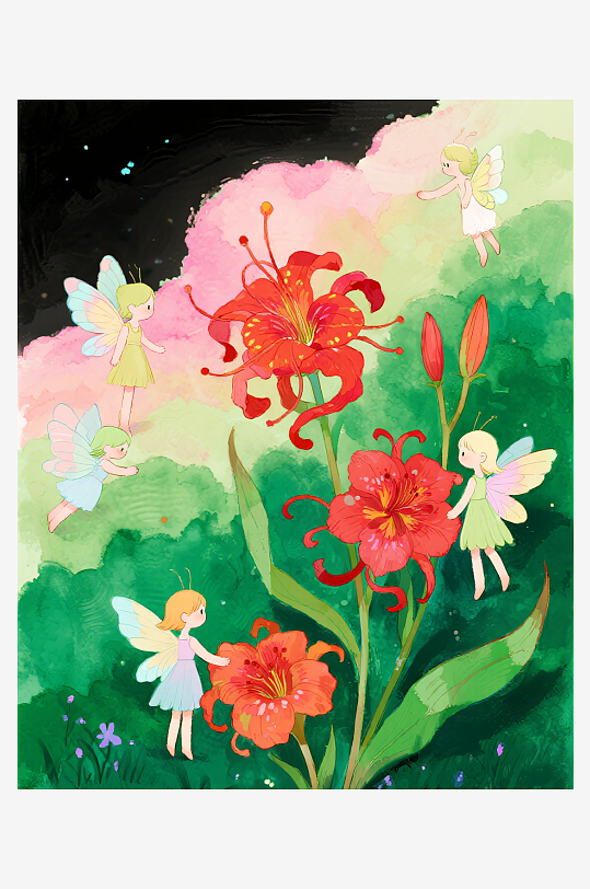 几只穿着小裙子的有翅膀的花仙子在花丛中飞-众图网