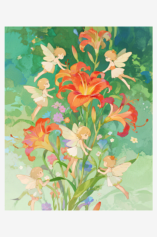 几只穿着小裙子的有翅膀的花仙子在花丛中飞-众图网