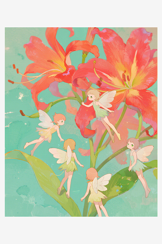 几只穿着小裙子的有翅膀的花仙子在花丛中飞-众图网