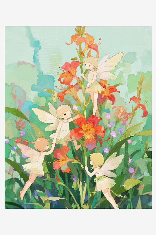 几只穿着小裙子的有翅膀的花仙子在花丛中飞-众图网