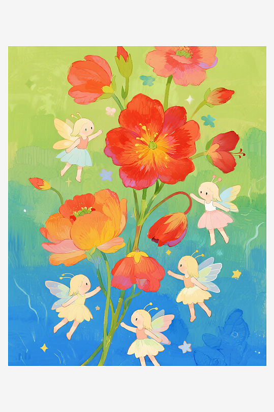 几只穿着小裙子的有翅膀的花仙子在花丛中飞-众图网