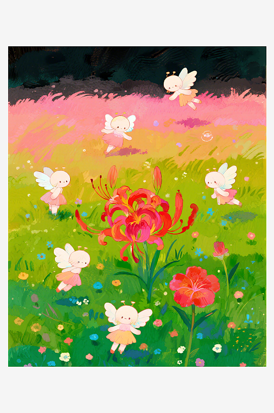 几只穿着小裙子的有翅膀的花仙子在花丛中飞-众图网