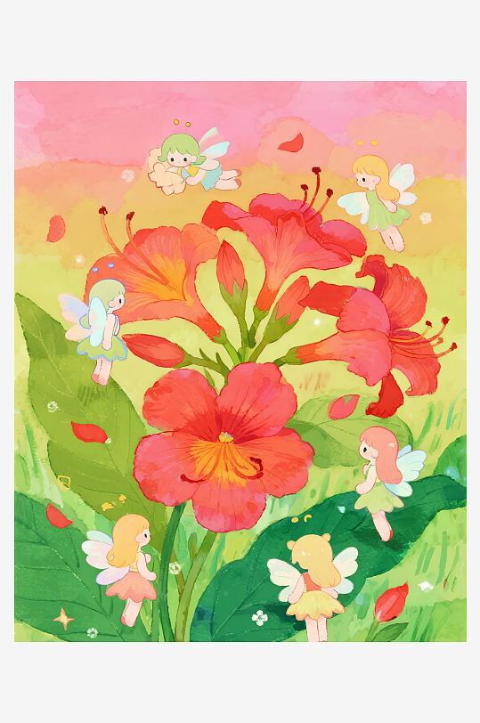 几只穿着小裙子的有翅膀的花仙子在花丛中飞-众图网