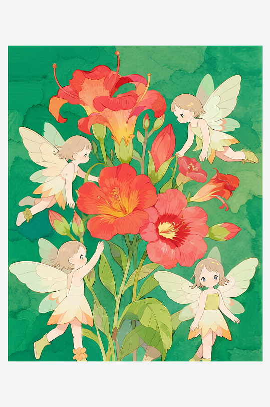 几只穿着小裙子的有翅膀的花仙子在花丛中飞-众图网