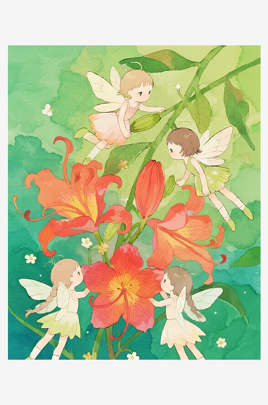 几只穿着小裙子的有翅膀的花仙子在花丛中飞-众图网